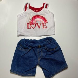 ✳️Build-A-Bear 2 Piece Outfit Pink Love Bling Shirt Top Jean Denim Shorts ✳️